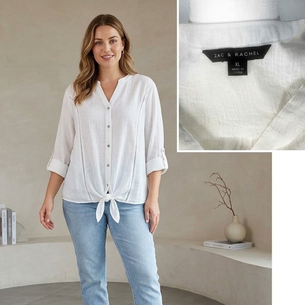 Zac & Rachel Lightweight Linen-Look‎ Tie-Hem White Button Up Shirt XL